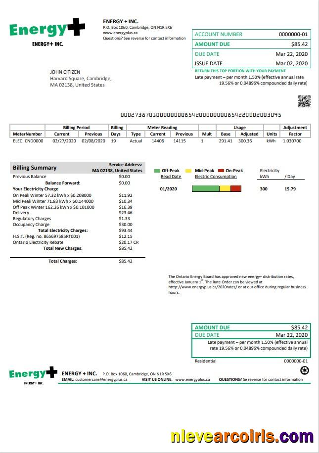 USA Massachusetts Energy Plus electricity utility bill